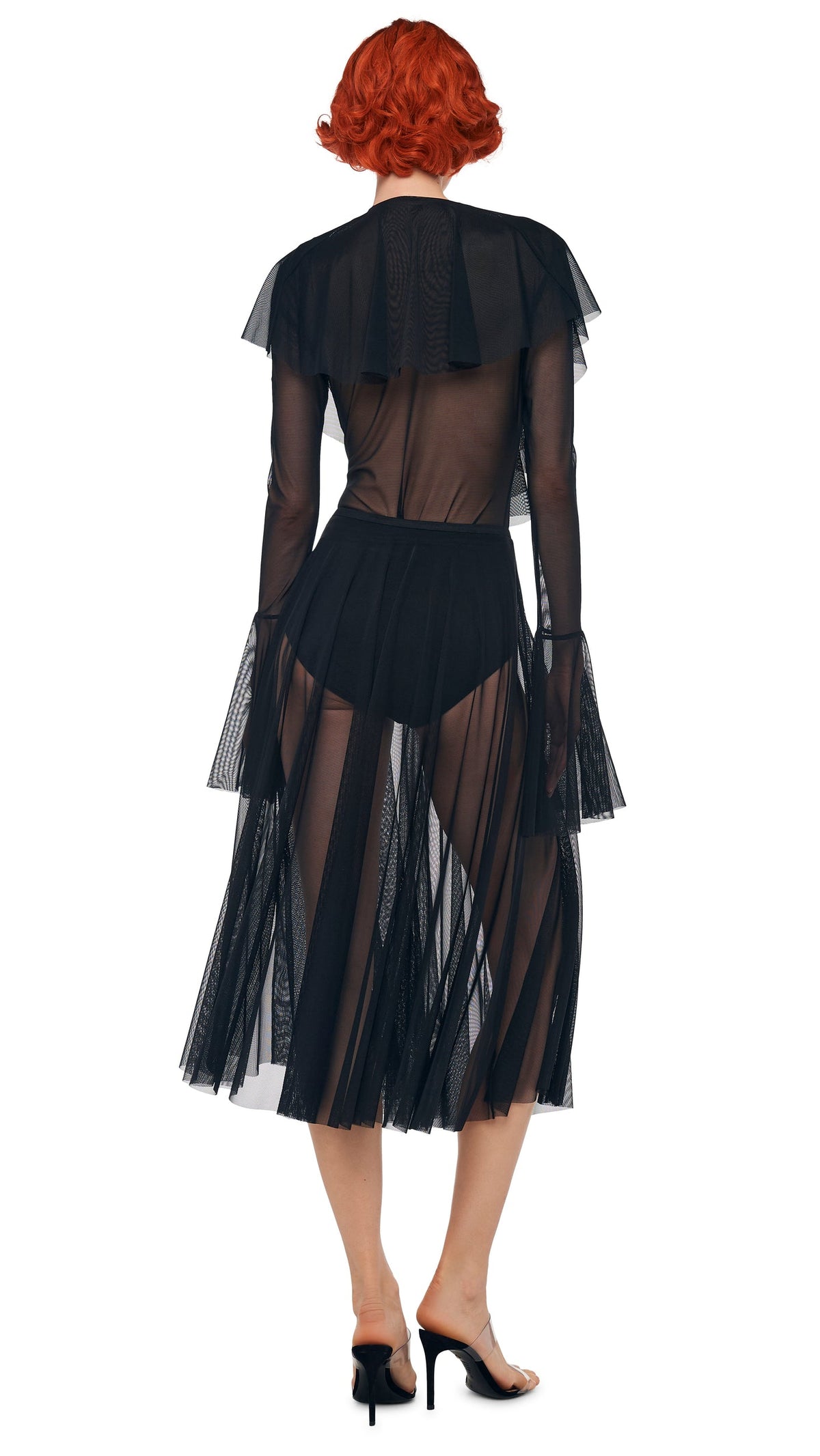 LONG SLEEVE DEEP V RUFFLE BODYSUIT Black | Norma Kamali Women