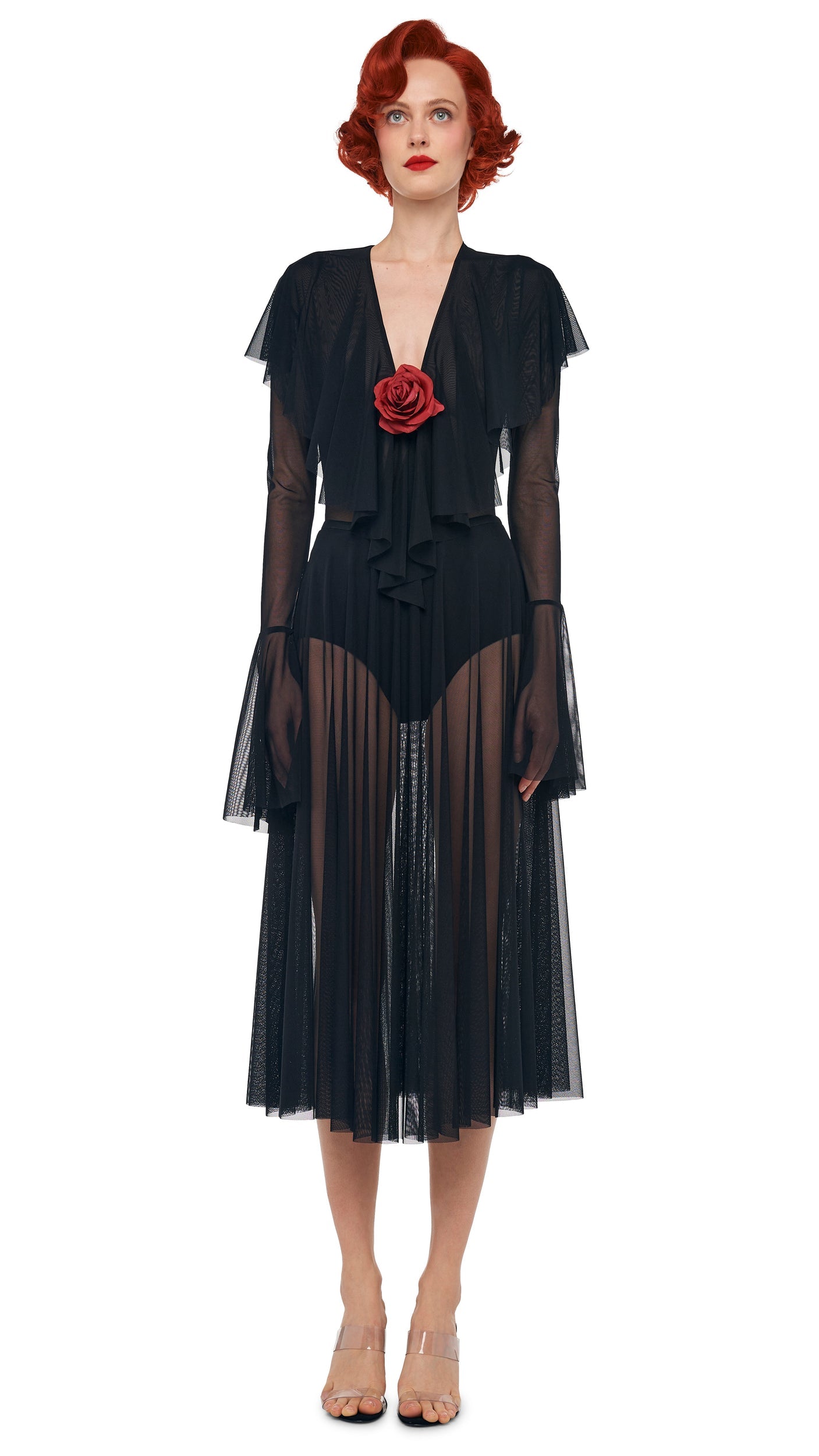 LONG SLEEVE DEEP V RUFFLE BODYSUIT Black | Norma Kamali Women