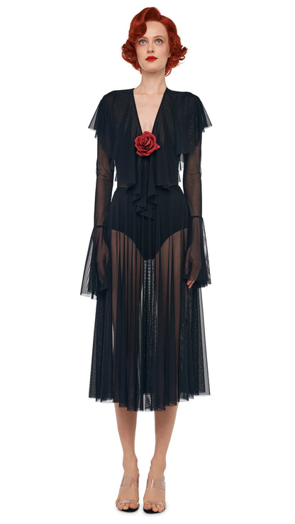 LONG SLEEVE DEEP V RUFFLE BODYSUIT Black | Norma Kamali Women