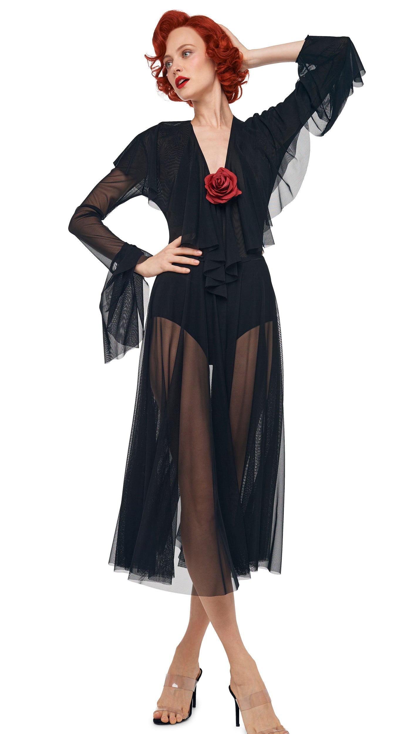 LONG SLEEVE DEEP V RUFFLE BODYSUIT Black | Norma Kamali Women
