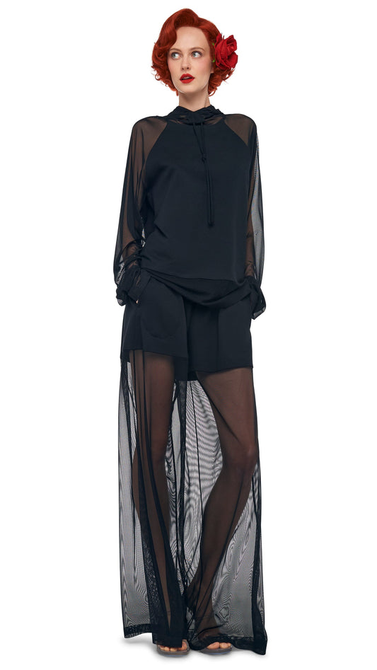 OS RAGLAN SLEEVE HOODED TOP W/ MESH Black | Norma Kamali Women