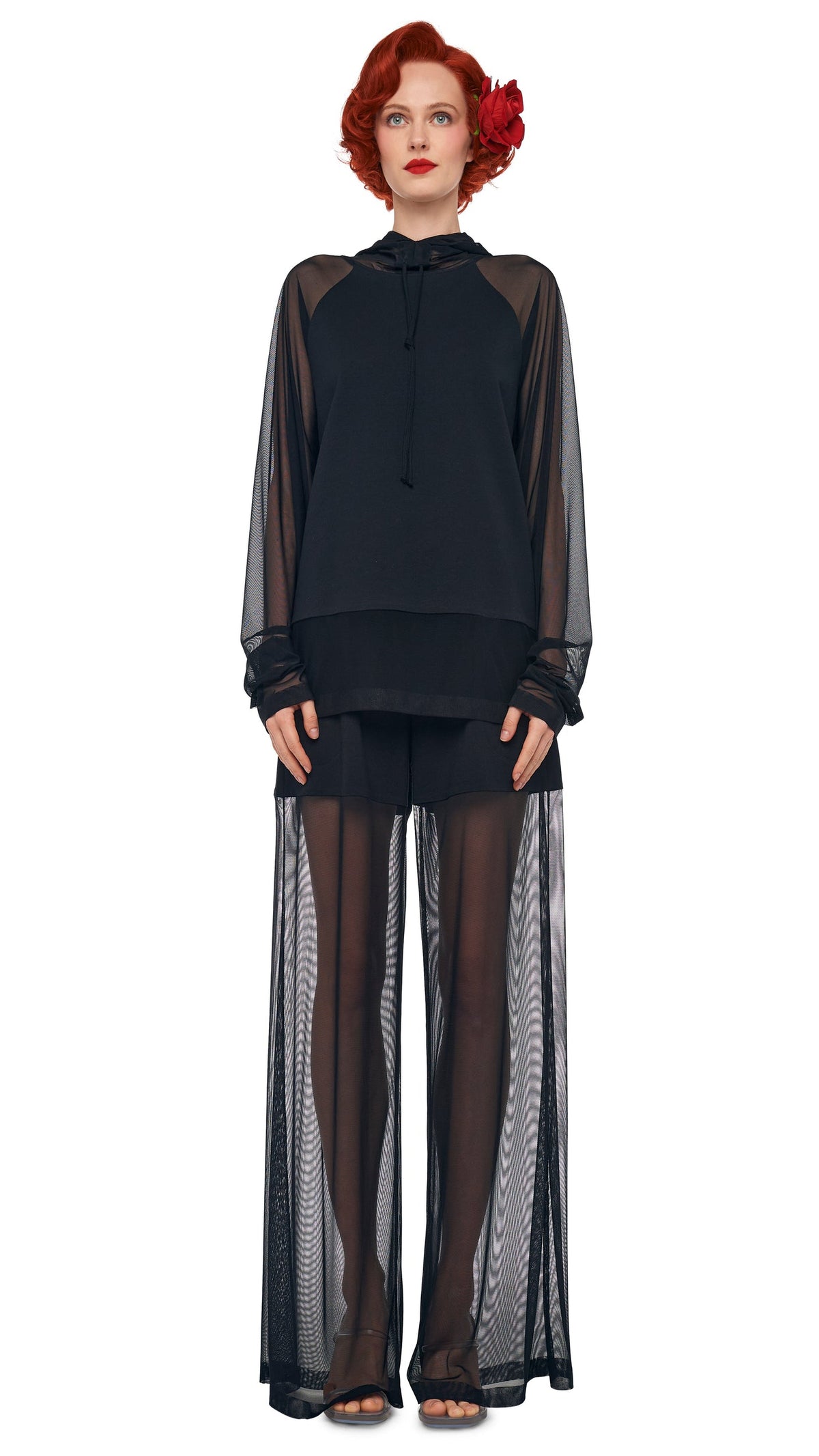 OS RAGLAN SLEEVE HOODED TOP W/ MESH Black | Norma Kamali Women