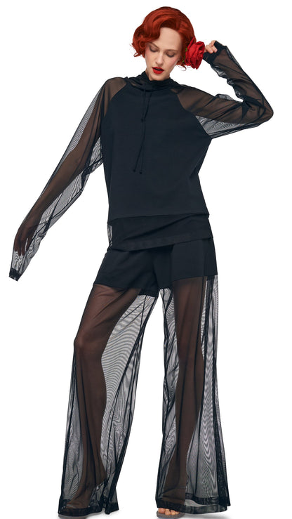 OS RAGLAN SLEEVE HOODED TOP W/ MESH Black | Norma Kamali Women