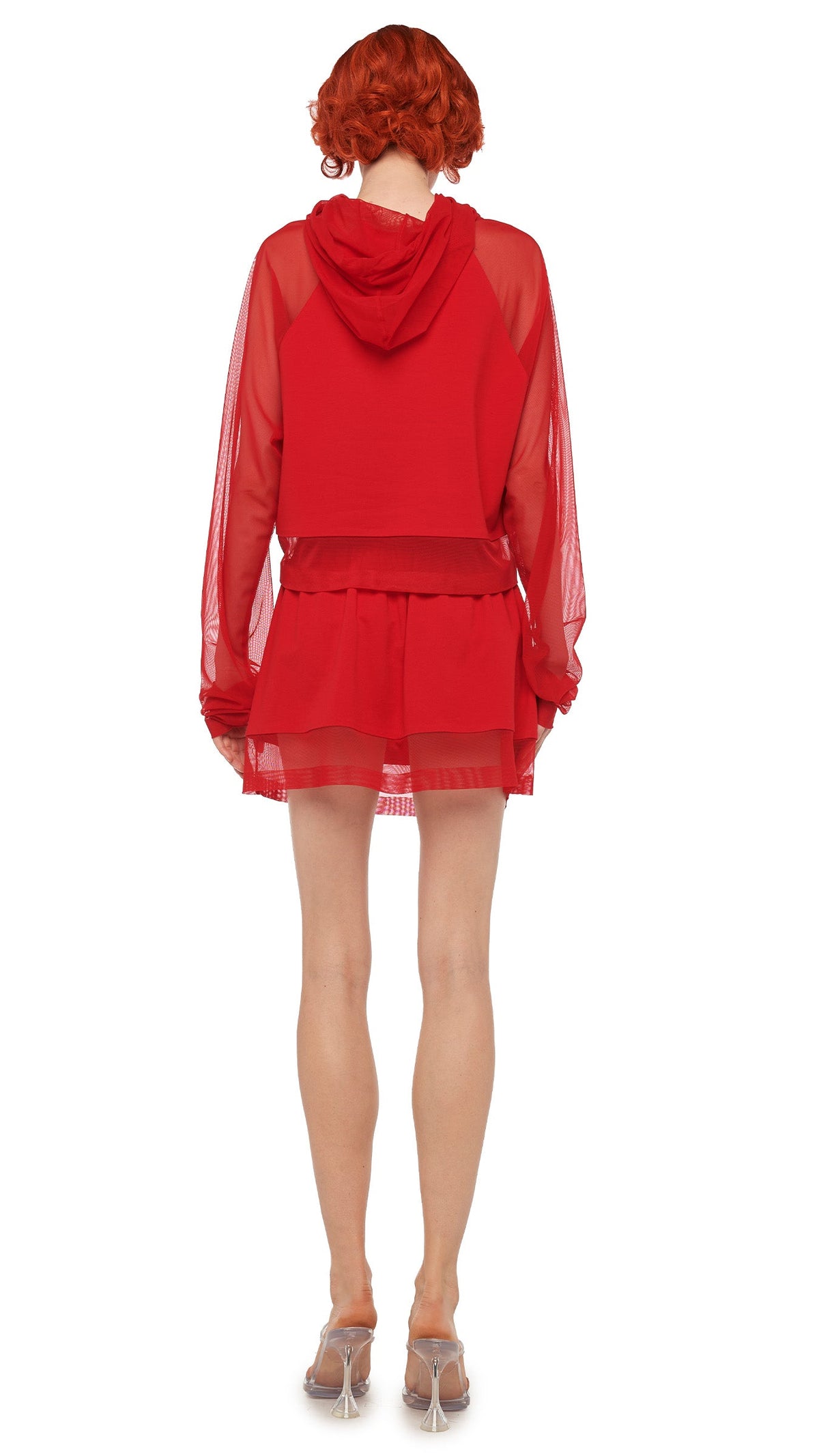 OVERSIZED RAGLAN SLEEVE HOODED CROPPED TOP W/ MESH Tiger Red | Norma Kamali Women