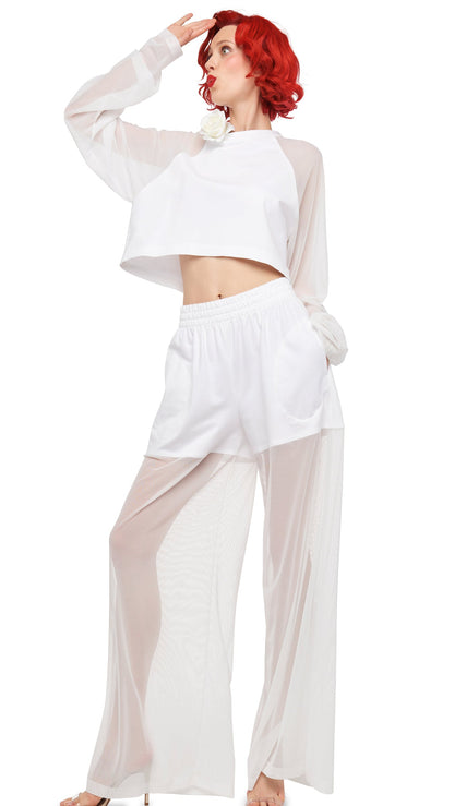 OVERSIZED RAGLAN SLEEVE CROPPED TOP W/ MESH Snow White | Norma Kamali Women
