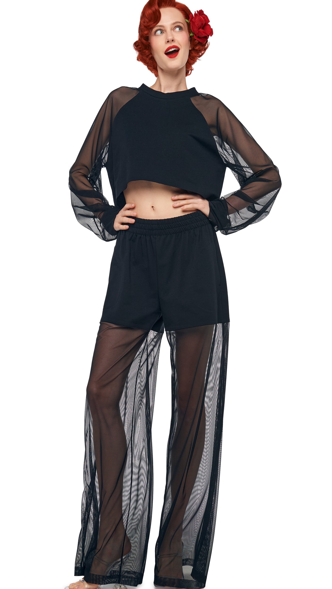 OVERSIZED RAGLAN SLEEVE CROPPED TOP W/ MESH Black | Norma Kamali Women