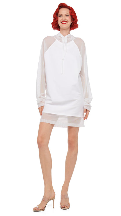OVERSIZED RAGLAN SLEEVE HOODED MINI DRESS W/ MESH Snow White | Norma Kamali Women