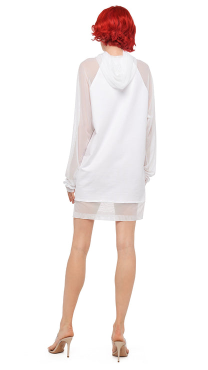 OVERSIZED RAGLAN SLEEVE HOODED MINI DRESS W/ MESH Snow White | Norma Kamali Women