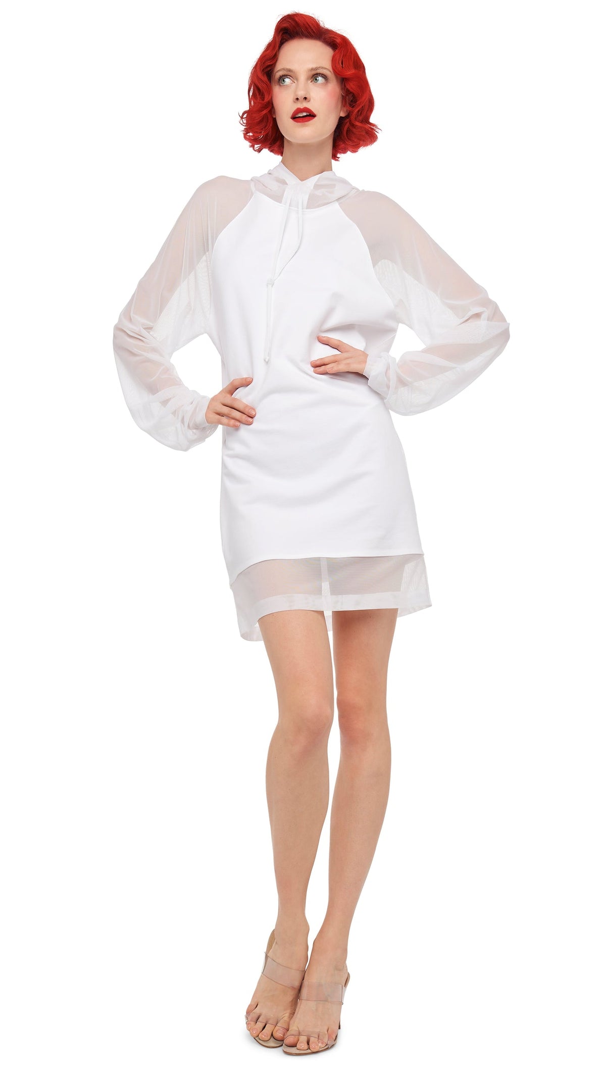 OVERSIZED RAGLAN SLEEVE HOODED MINI DRESS W/ MESH Snow White | Norma Kamali Women