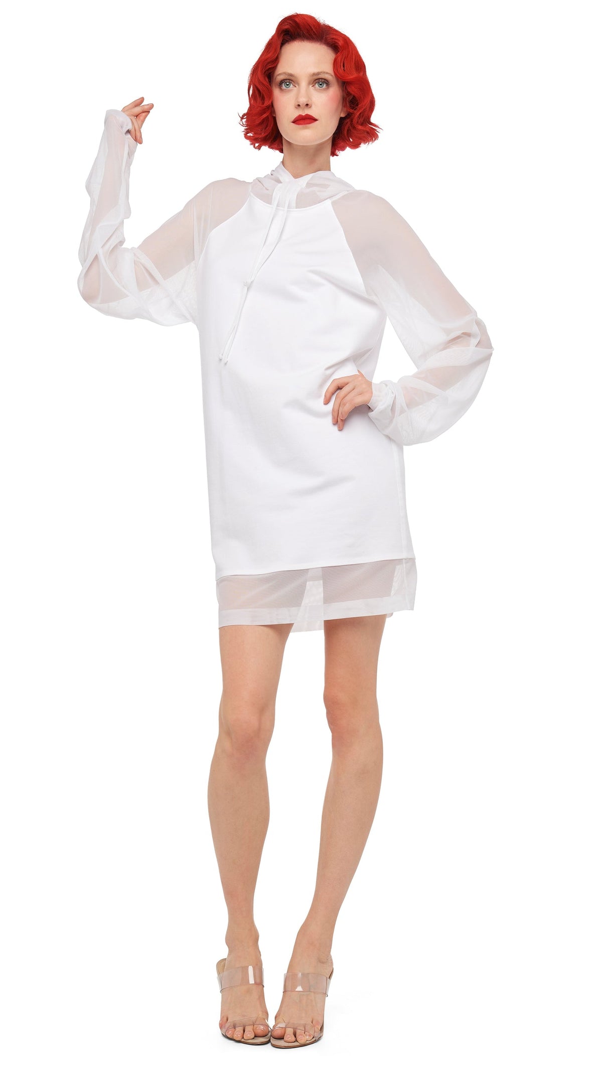 OVERSIZED RAGLAN SLEEVE HOODED MINI DRESS W/ MESH Snow White | Norma Kamali Women