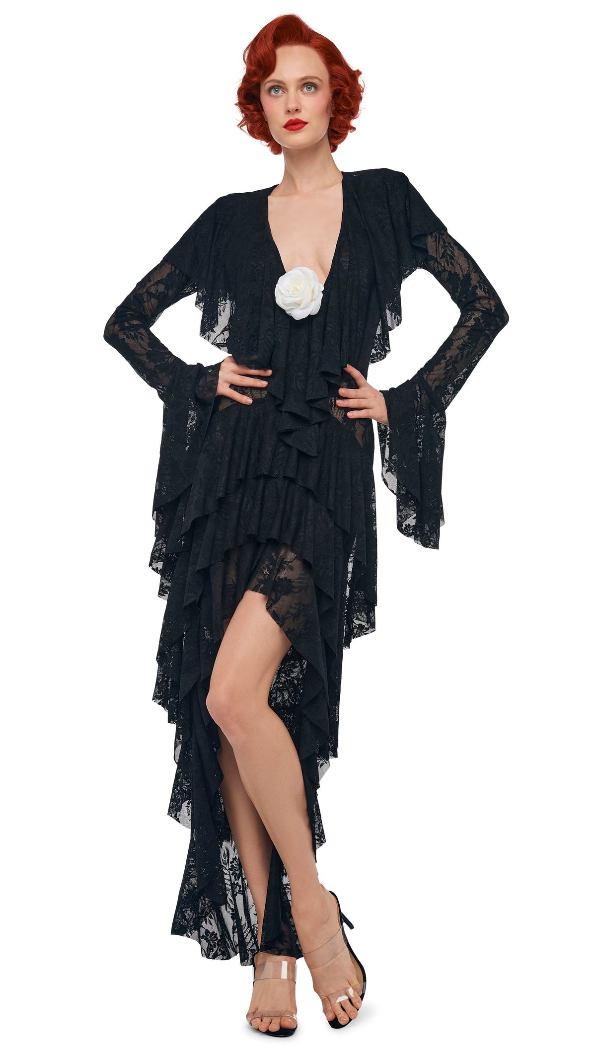 HI LOW LONG SLEEVE DEEP V RUFFLE GOWN Black | Norma Kamali Women