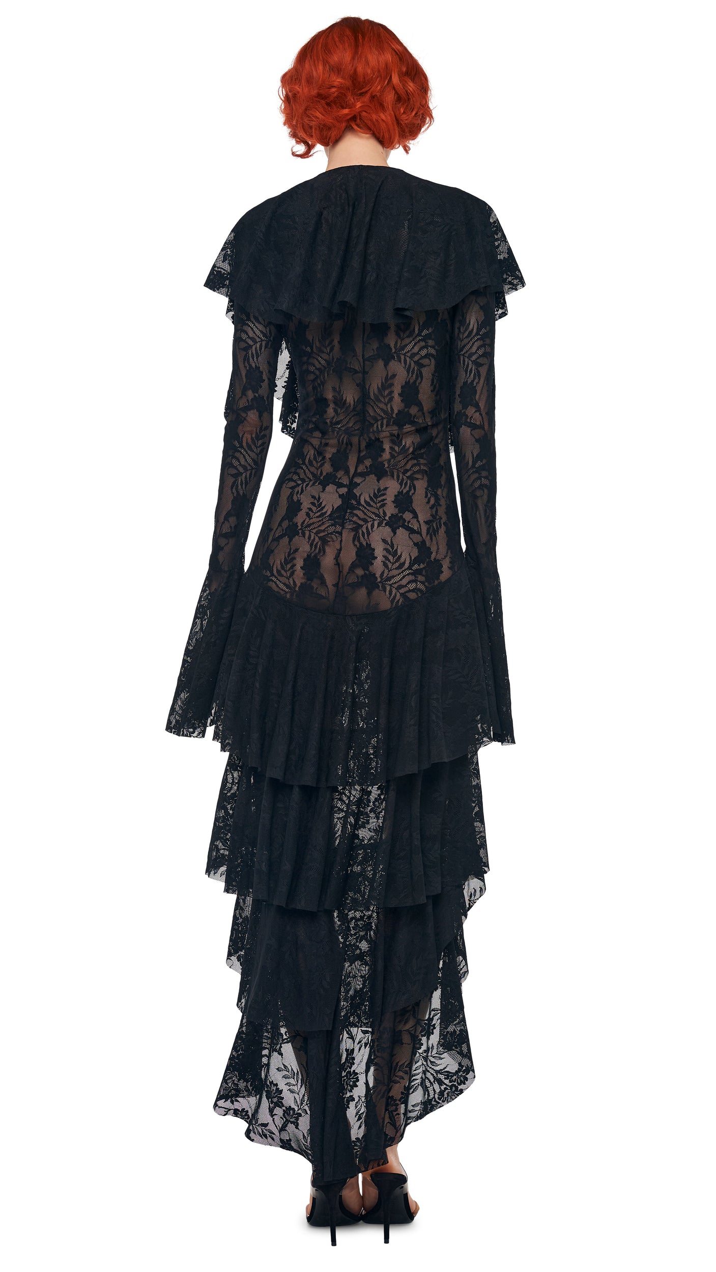 HI LOW LONG SLEEVE DEEP V RUFFLE GOWN Black | Norma Kamali Women