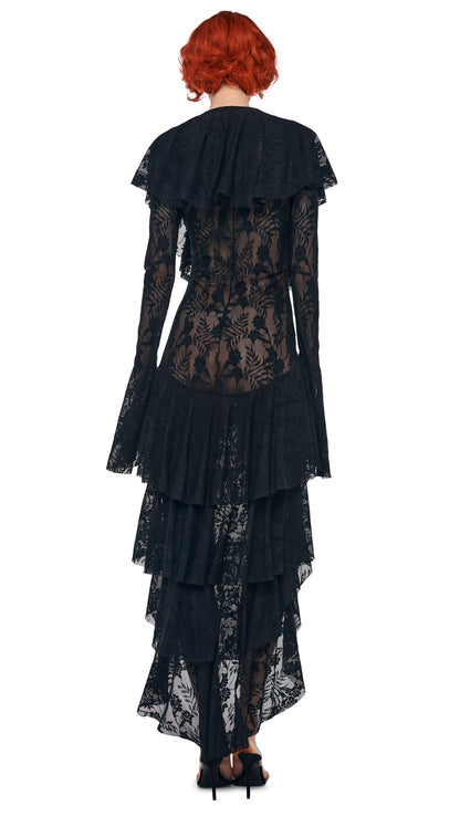 HI LOW LONG SLEEVE DEEP V RUFFLE GOWN Black | Norma Kamali Women