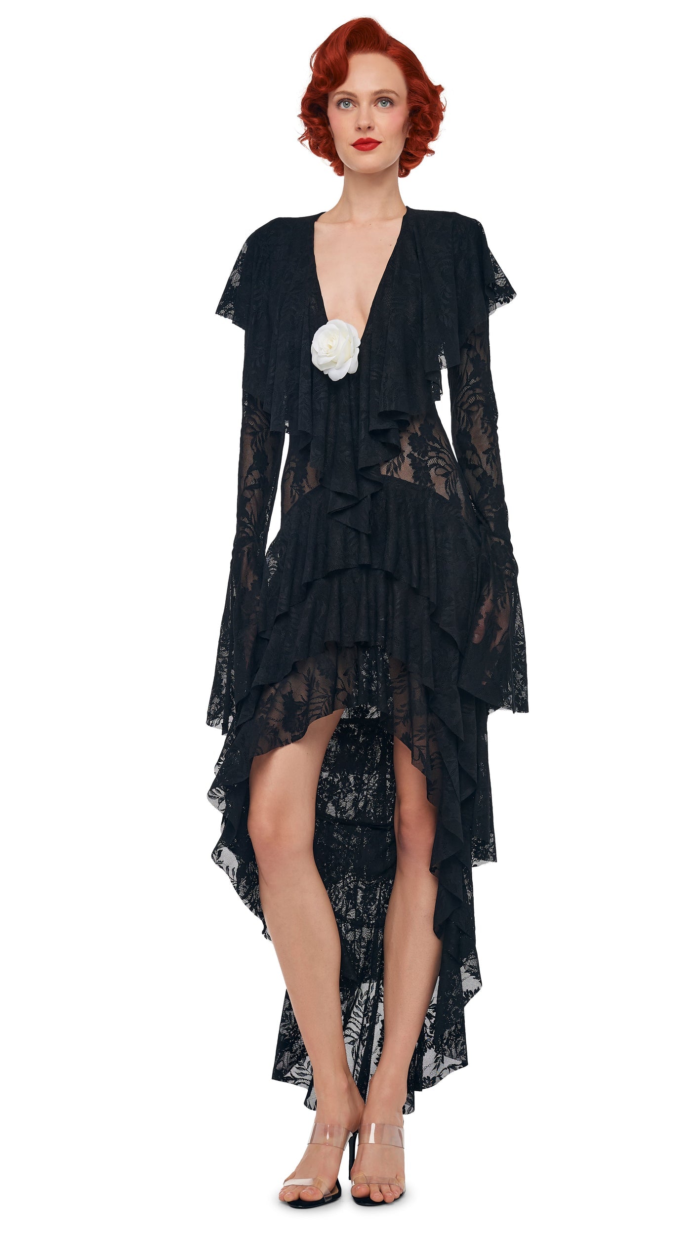 HI LOW LONG SLEEVE DEEP V RUFFLE GOWN Black | Norma Kamali Women
