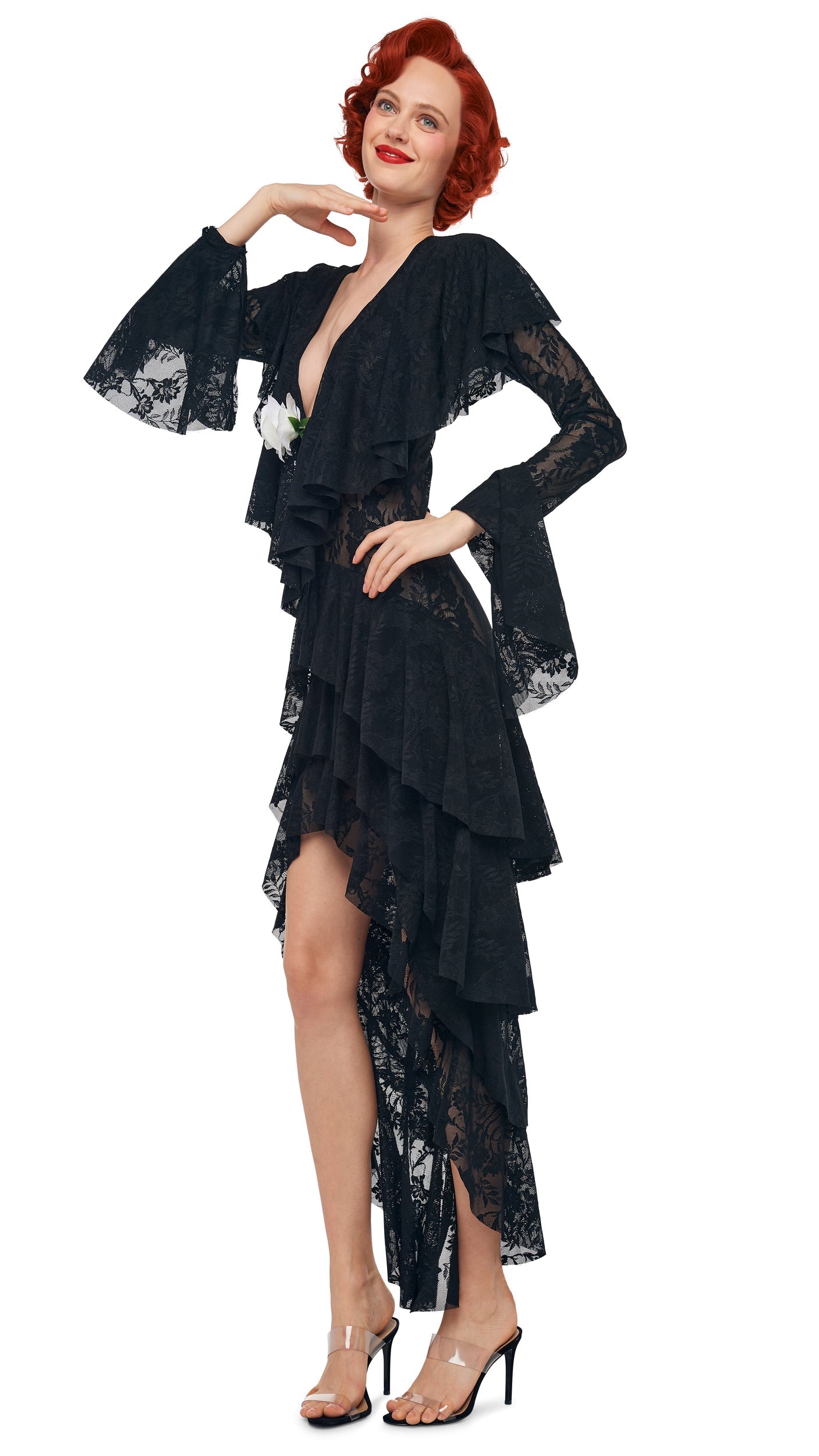 HI LOW LONG SLEEVE DEEP V RUFFLE GOWN Black | Norma Kamali Women
