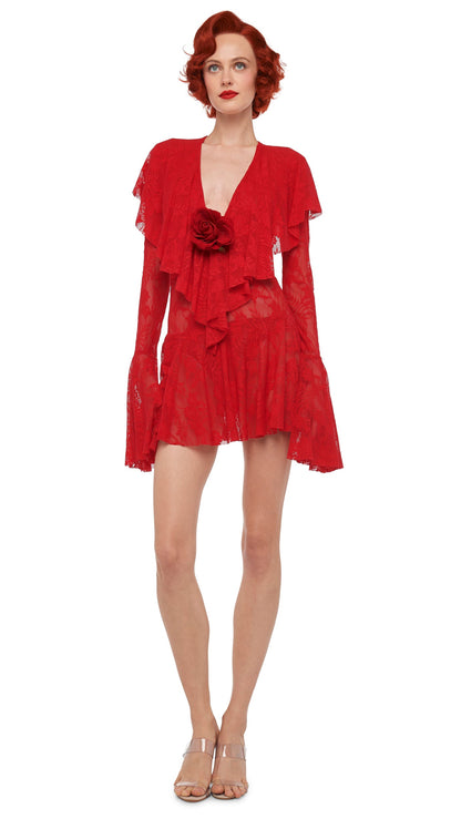 LONG SLEEVE DEEP V RUFFLE MINI DRESS Tiger Red | Norma Kamali Women