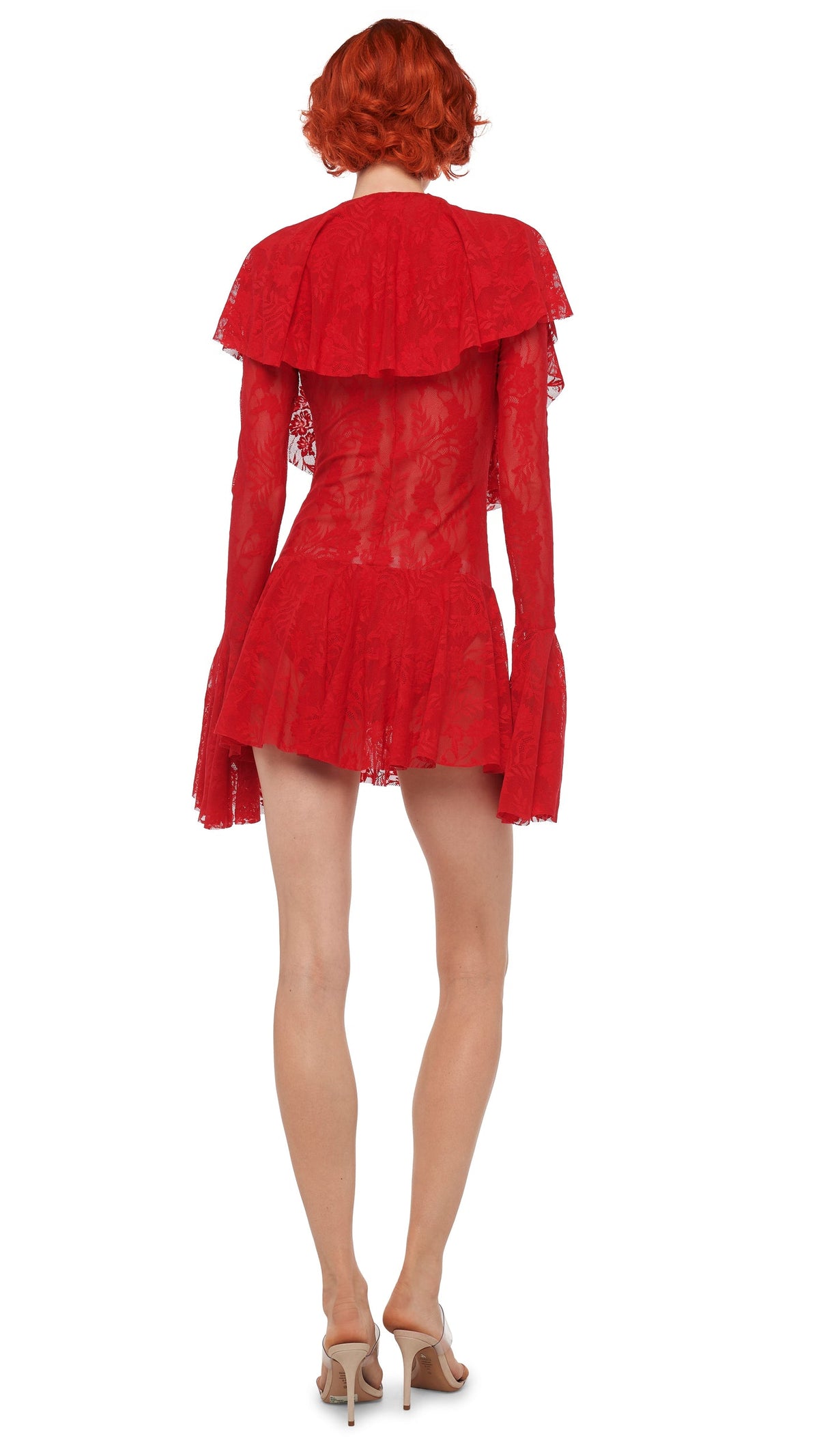 LONG SLEEVE DEEP V RUFFLE MINI DRESS Tiger Red | Norma Kamali Women