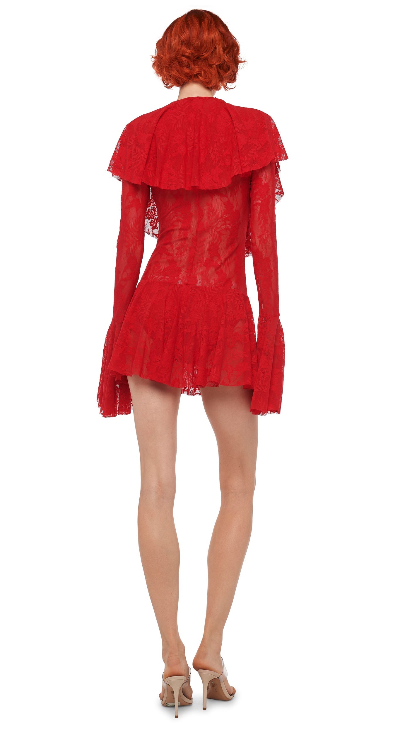 LONG SLEEVE DEEP V RUFFLE MINI DRESS Tiger Red | Norma Kamali Women