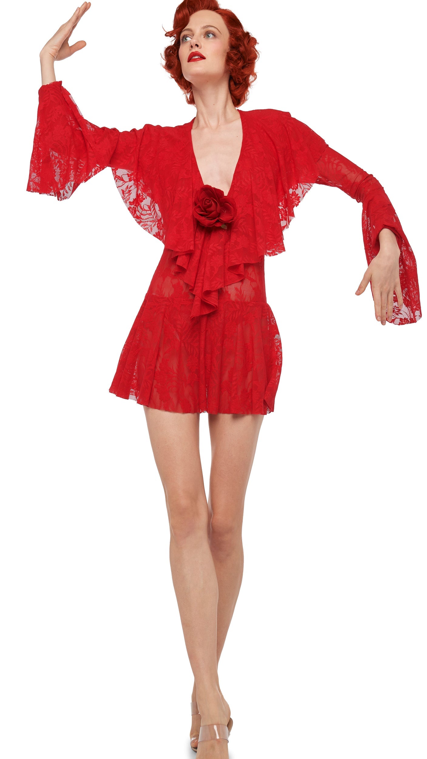 LONG SLEEVE DEEP V RUFFLE MINI DRESS Tiger Red | Norma Kamali Women