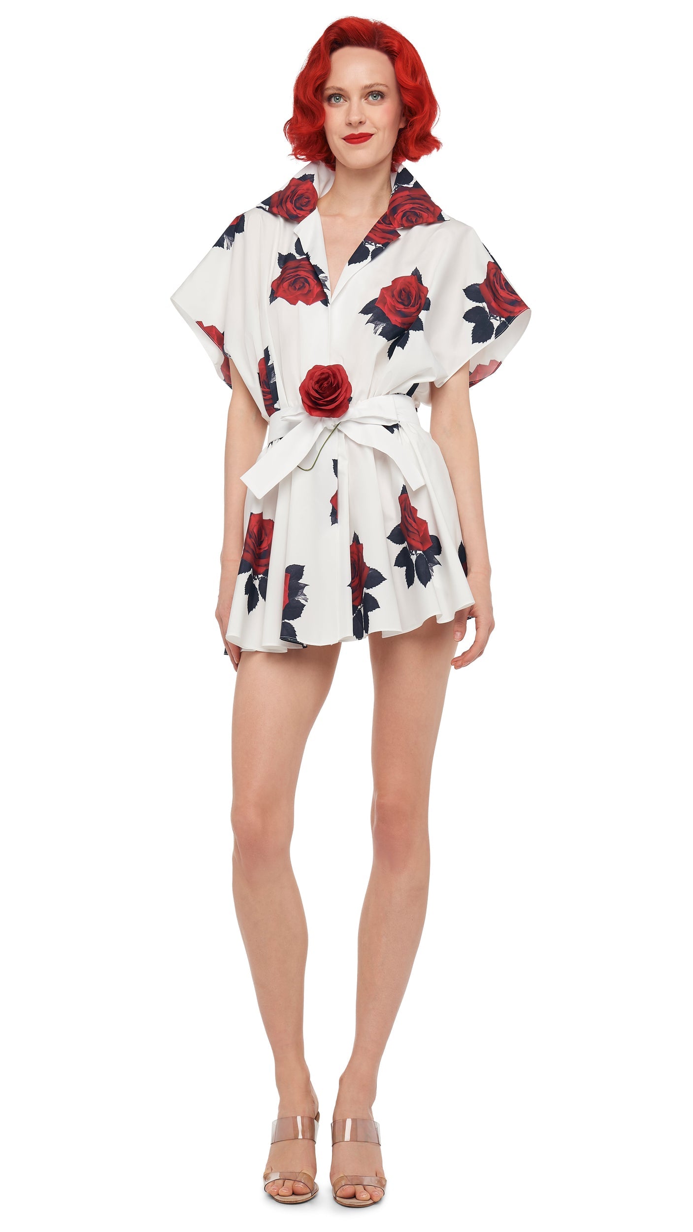 SUPER OS SLEEVELESS BF NK SHIRT FLARED MINI DRESS Rose Print | Norma Kamali Women