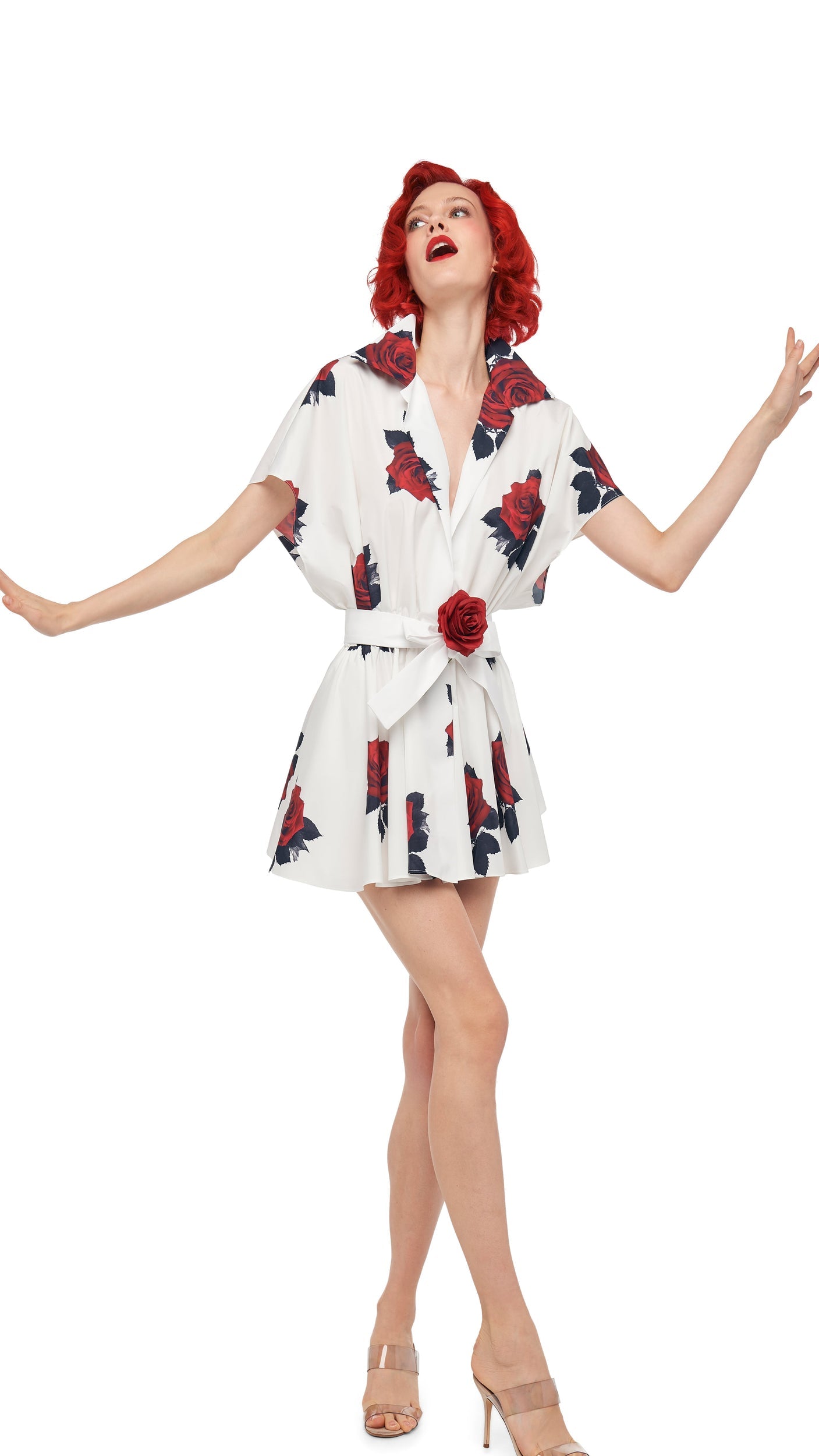 SUPER OS SLEEVELESS BF NK SHIRT FLARED MINI DRESS Rose Print | Norma Kamali Women