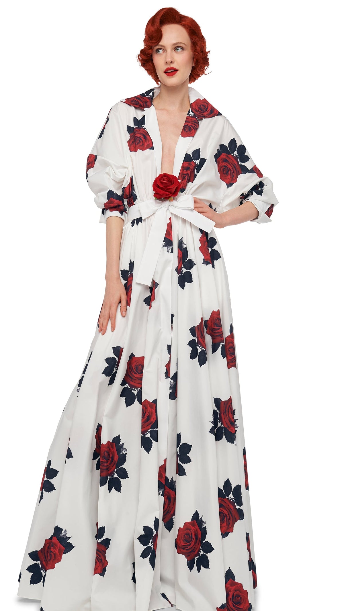 SUPER OS BF NK SHIRT FLARED GOWN Rose Print | Norma Kamali Women