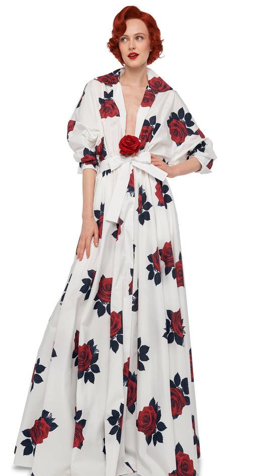 SUPER OS BF NK SHIRT FLARED GOWN Rose Print | Norma Kamali Women