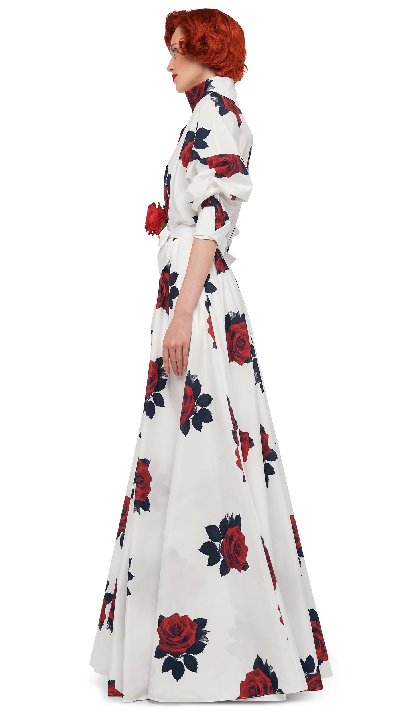 SUPER OS BF NK SHIRT FLARED GOWN Rose Print | Norma Kamali Women