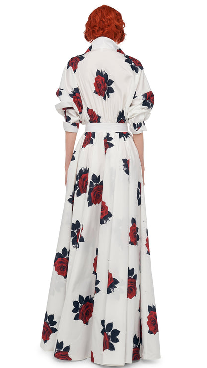 SUPER OS BF NK SHIRT FLARED GOWN Rose Print | Norma Kamali Women