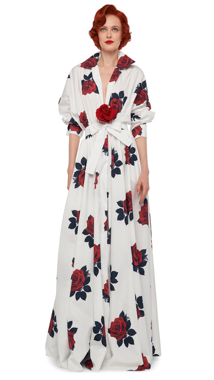 SUPER OS BF NK SHIRT FLARED GOWN Rose Print | Norma Kamali Women