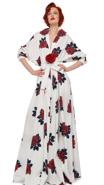 SUPER OS BF NK SHIRT FLARED GOWN Rose Print | Norma Kamali Women