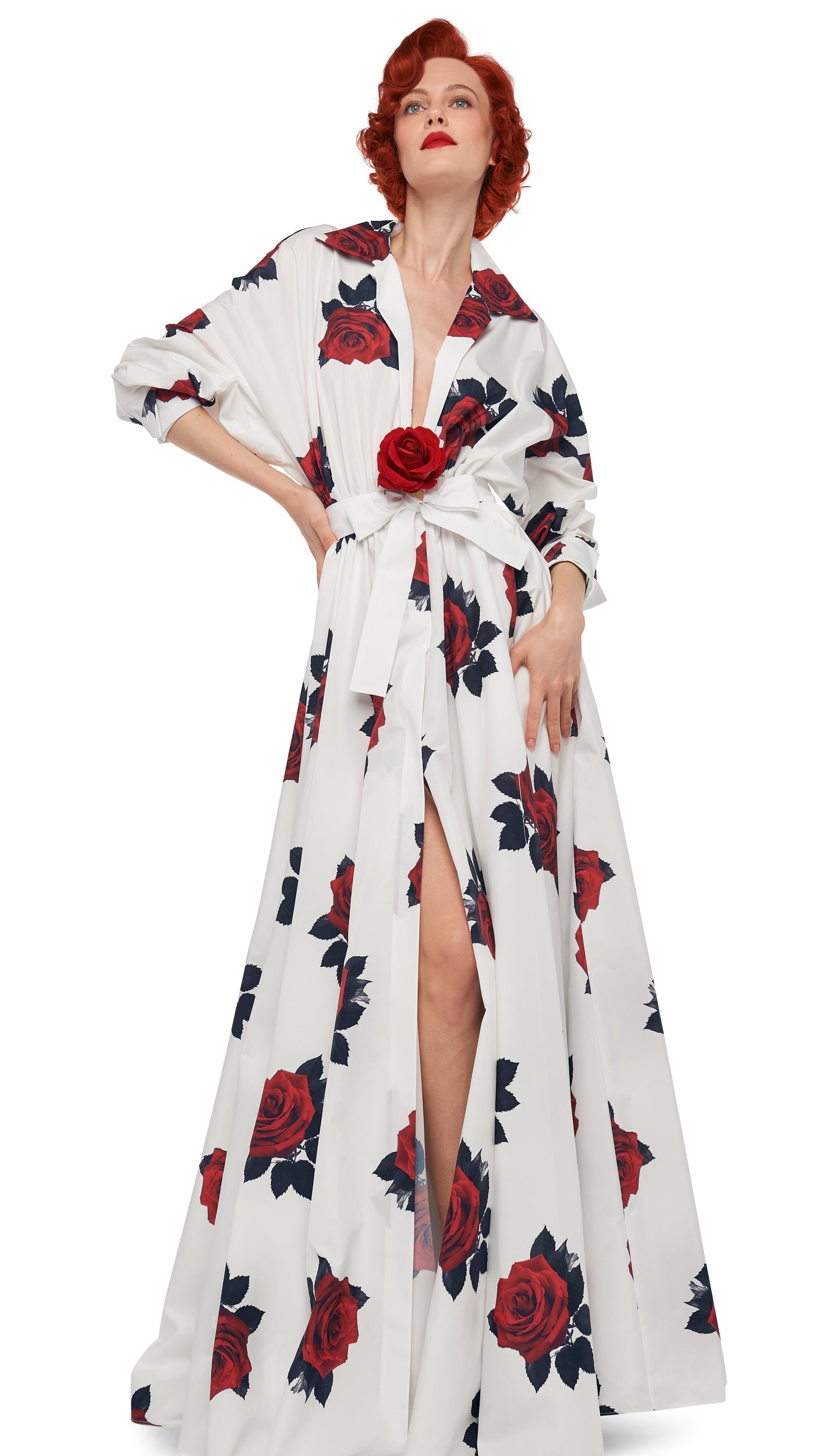 SUPER OS BF NK SHIRT FLARED GOWN Rose Print | Norma Kamali Women