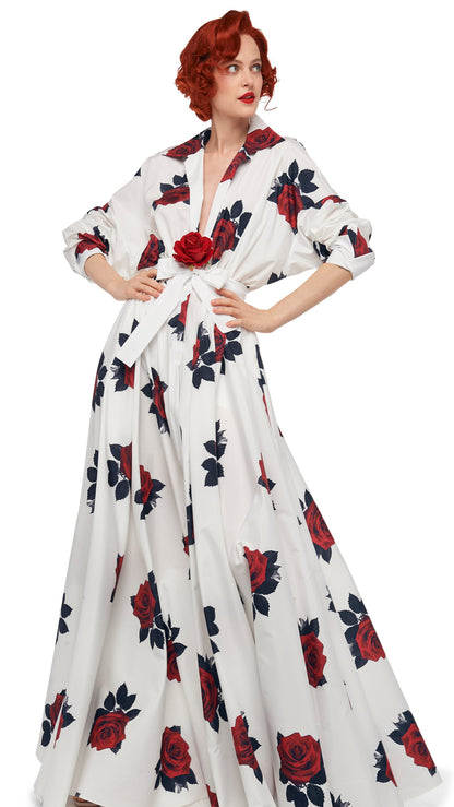 SUPER OS BF NK SHIRT FLARED GOWN Rose Print | Norma Kamali Women