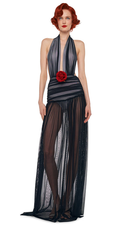 HALTER SHIRRED GOWN Black/Snow White | Norma Kamali Women