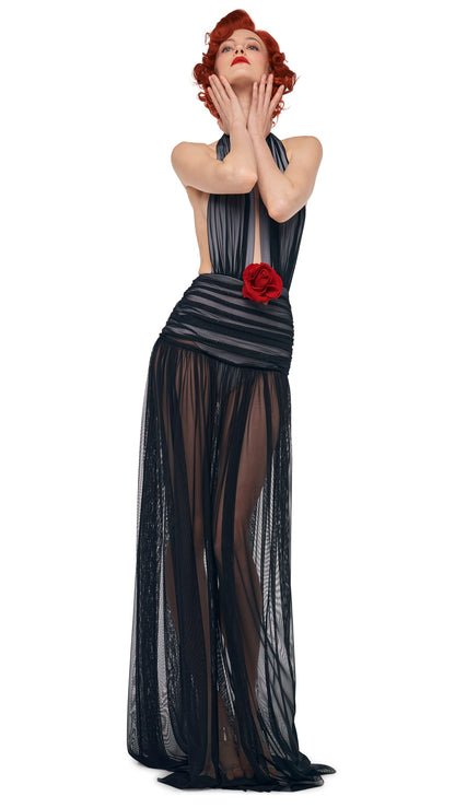 HALTER SHIRRED GOWN Black/Snow White | Norma Kamali Women