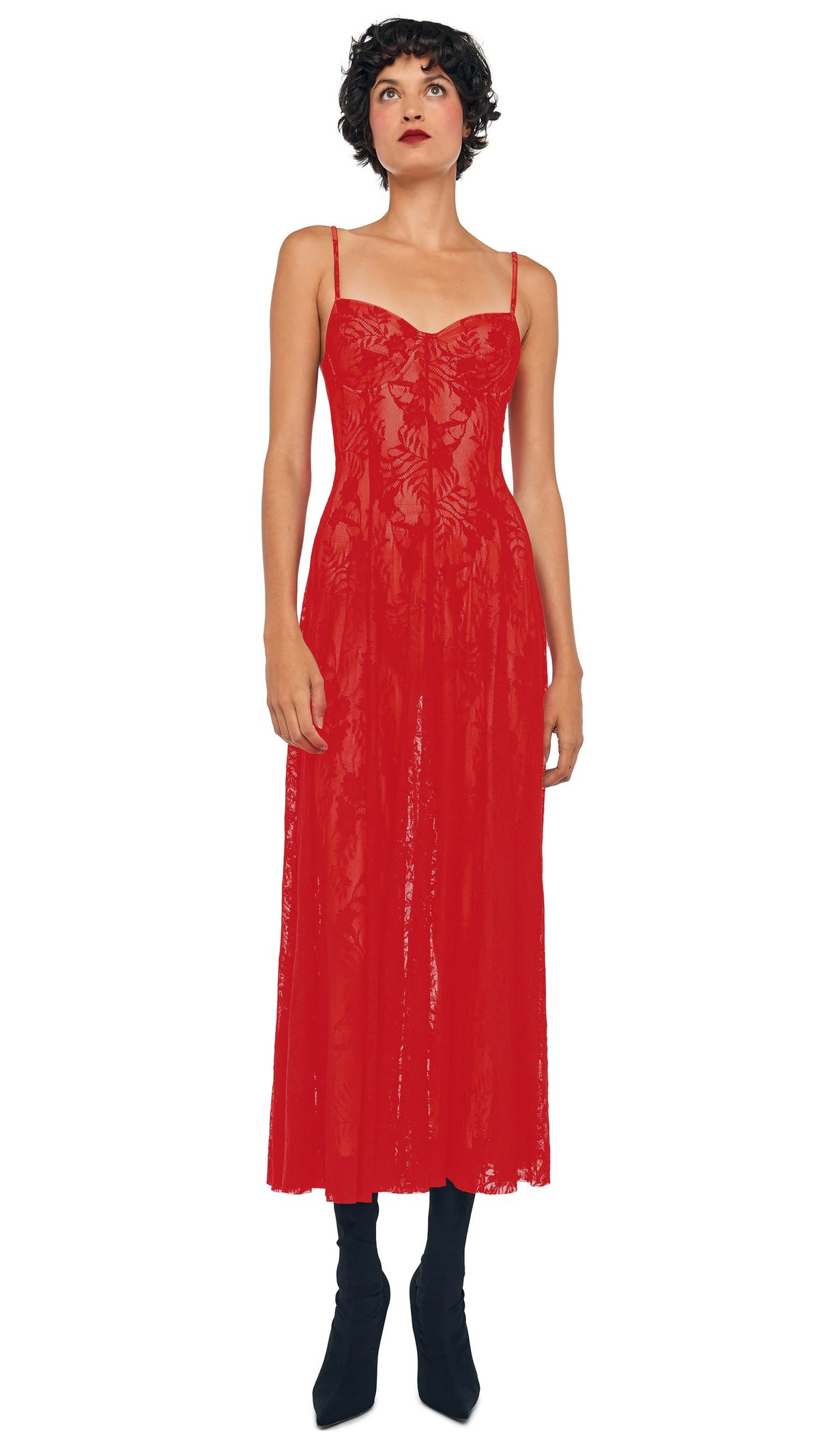 UNDERWIRE MIDCALF DRESS W/ BODYSUIT Red Stretch Lace/Nude | Norma Kamali Women