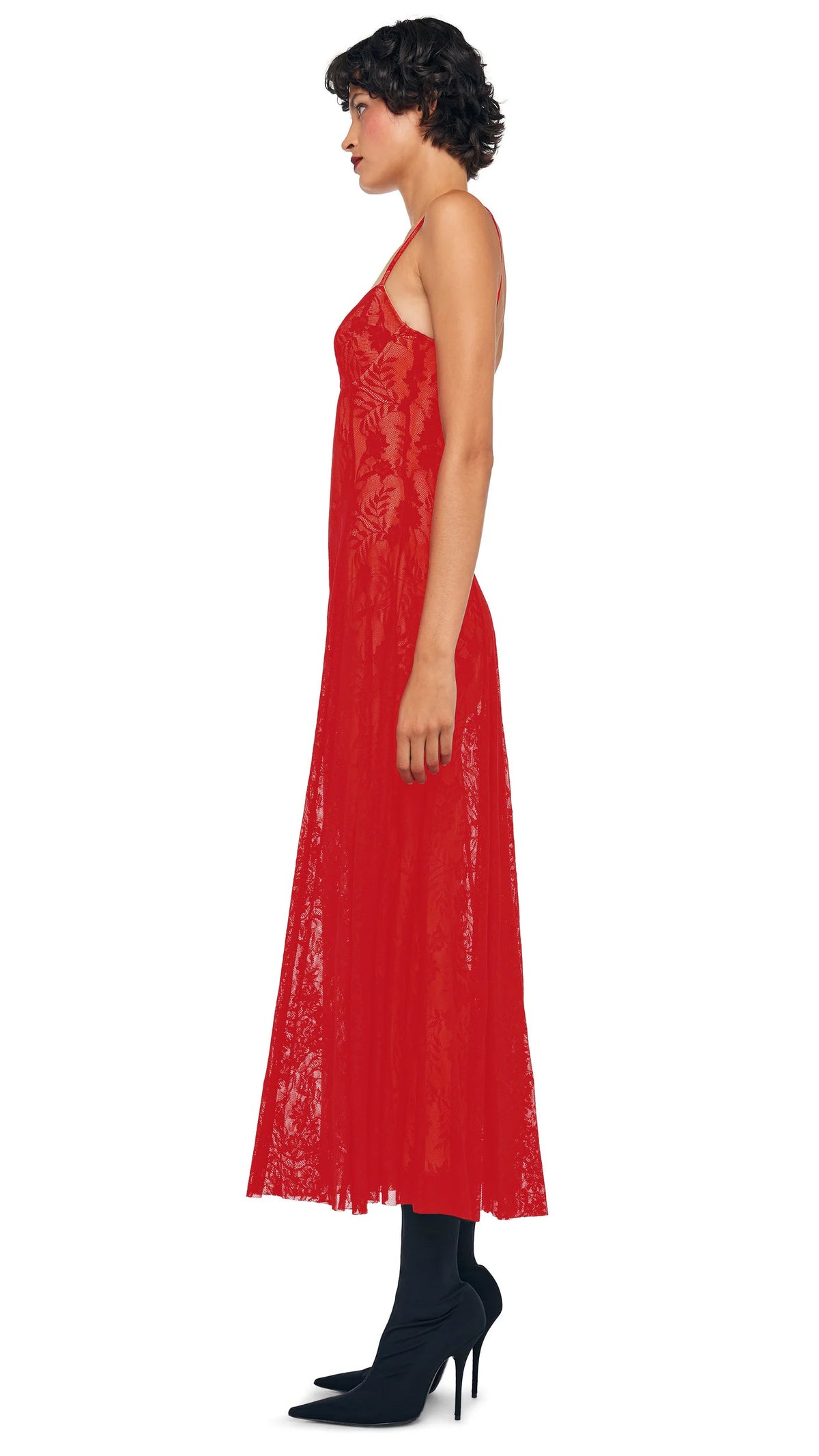 UNDERWIRE MIDCALF DRESS W/ BODYSUIT Red Stretch Lace/Nude | Norma Kamali Women