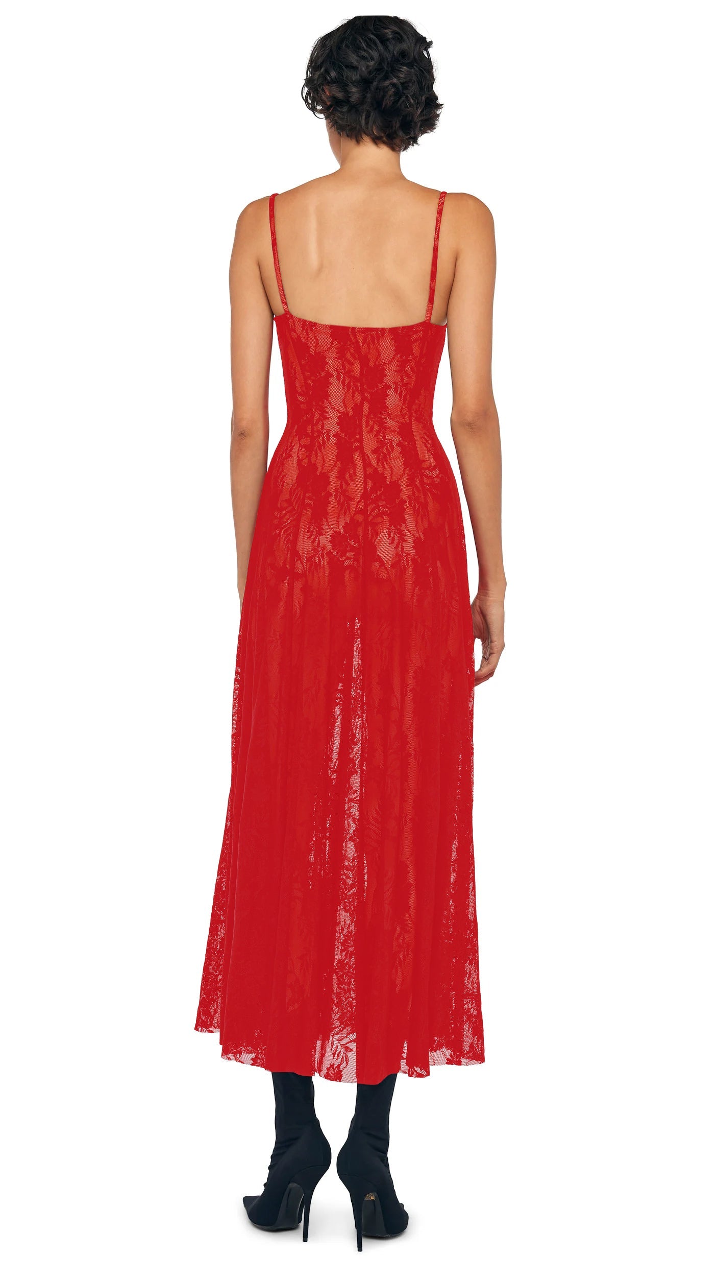 UNDERWIRE MIDCALF DRESS W/ BODYSUIT Red Stretch Lace/Nude | Norma Kamali Women