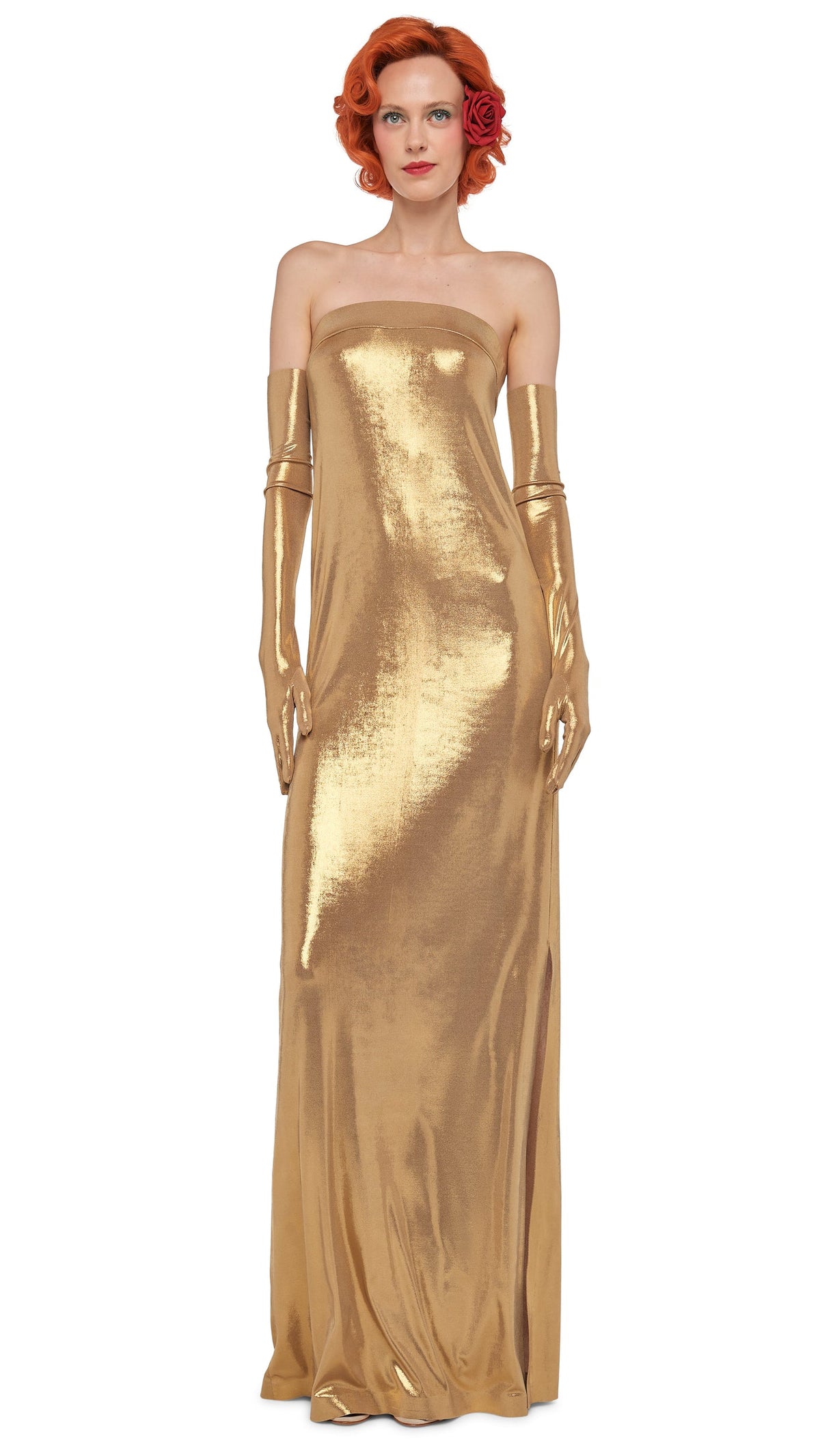 STRAPLESS TAILORED SIDE SLIT GOWN Gold | Norma Kamali Women