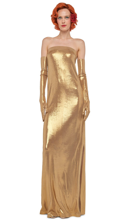 STRAPLESS TAILORED SIDE SLIT GOWN Gold | Norma Kamali Women