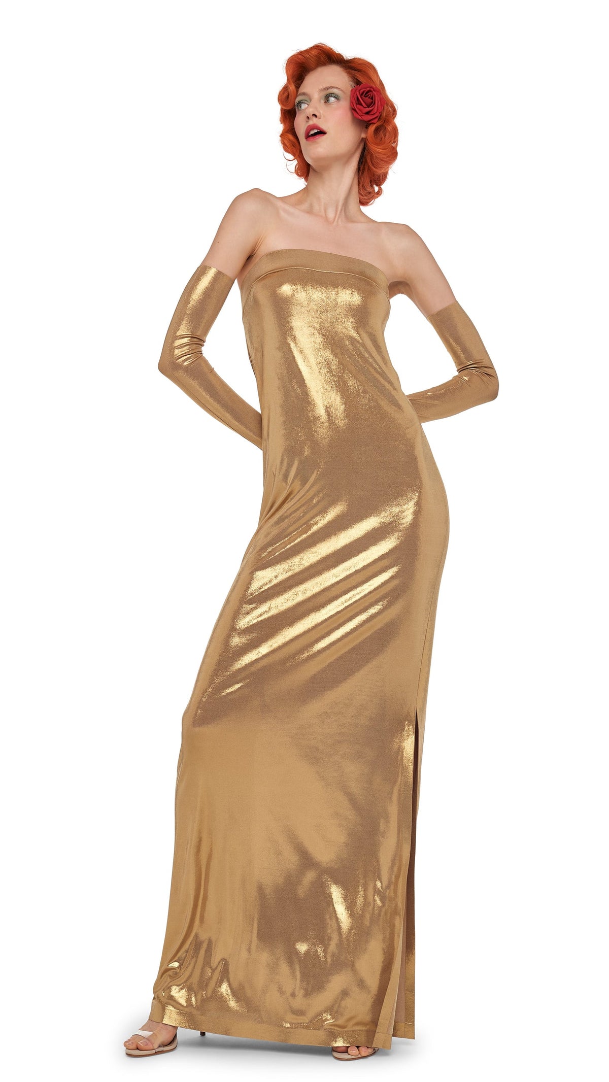 STRAPLESS TAILORED SIDE SLIT GOWN Gold | Norma Kamali Women