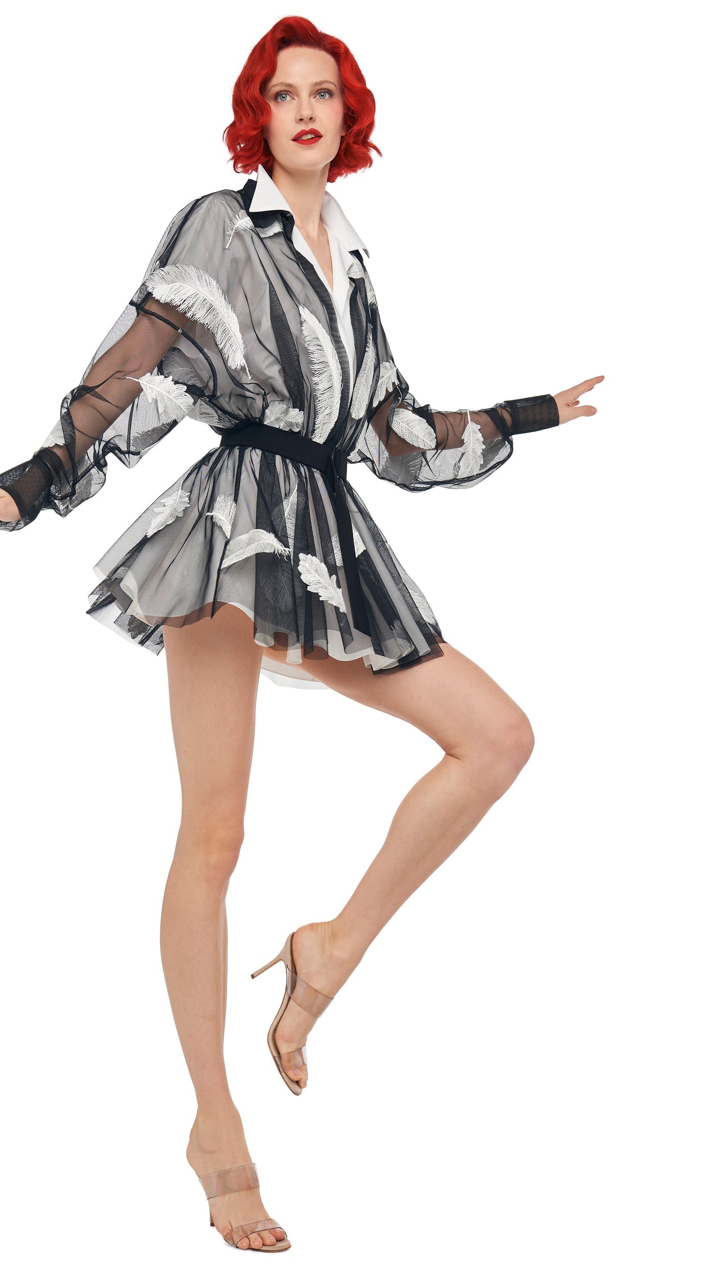 SUPER OS BF NK SHIRT FLARED MINI DRESS Black/White | Norma Kamali Women