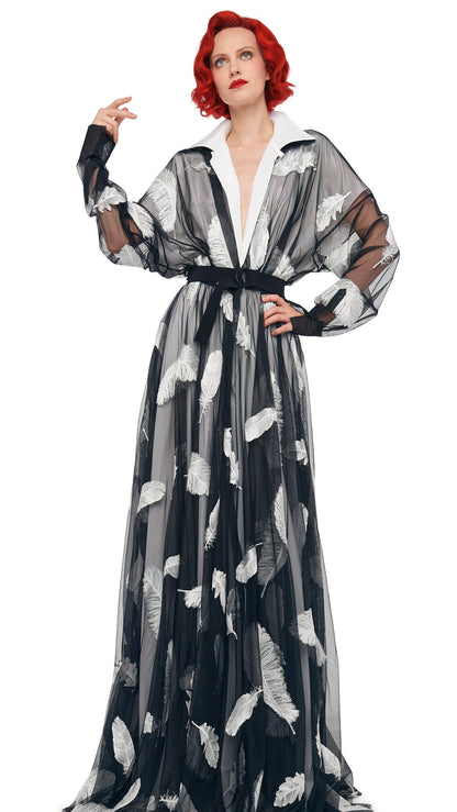 SUPER OS BF NK SHIRT FLARED GOWN Black/White | Norma Kamali Women