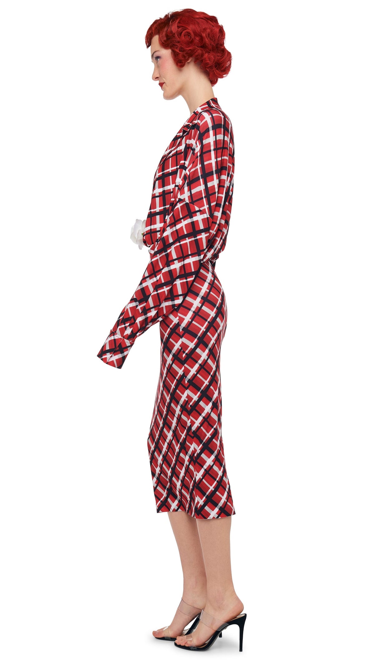 STRAIGHT SKIRT TO MIDCALF Red Bias Plaid | Norma Kamali Women
