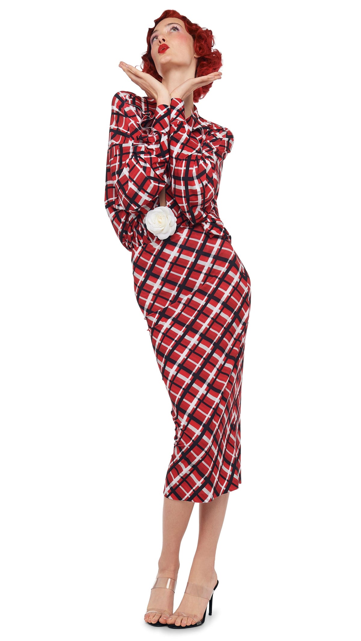 STRAIGHT SKIRT TO MIDCALF Red Bias Plaid | Norma Kamali Women