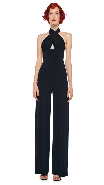 CROSS HALTER STRAIGHT LEG JUMPSUIT Black | Norma Kamali Women