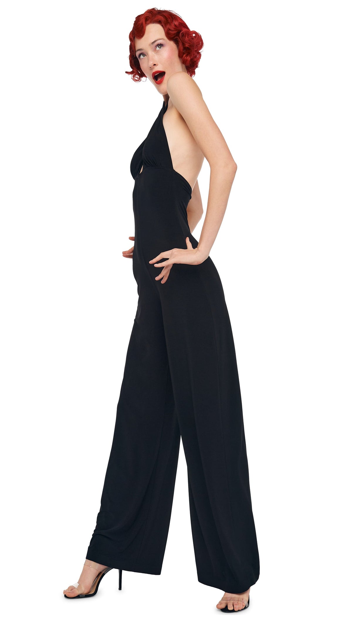 CROSS HALTER STRAIGHT LEG JUMPSUIT Black | Norma Kamali Women