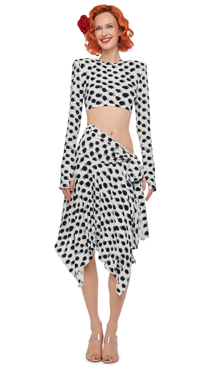 CROPPED SHOULDER PAD LONG SLEEVE CREW TOP Paint Dots | Norma Kamali Women