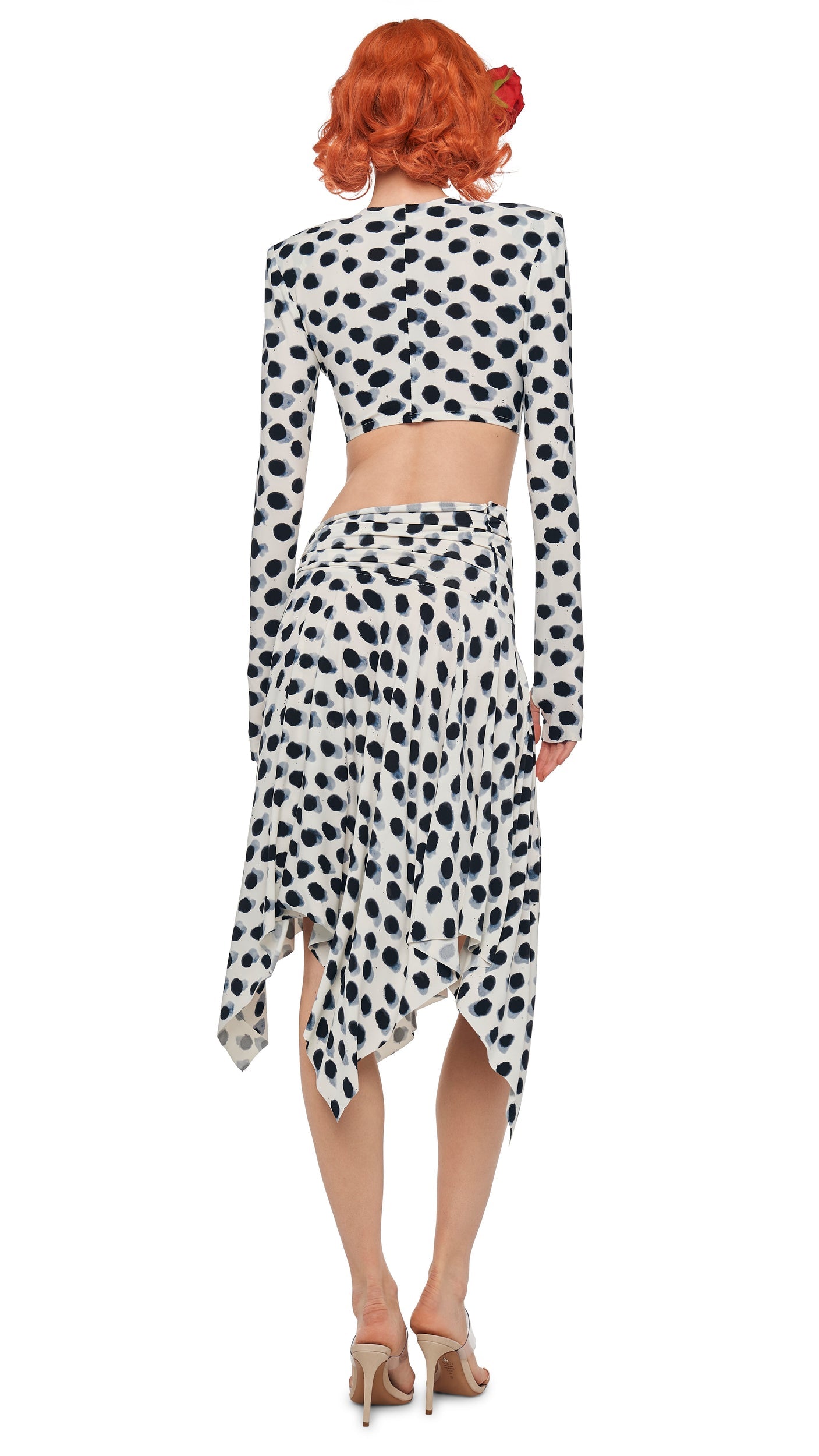 CROPPED SHOULDER PAD LONG SLEEVE CREW TOP Paint Dots | Norma Kamali Women