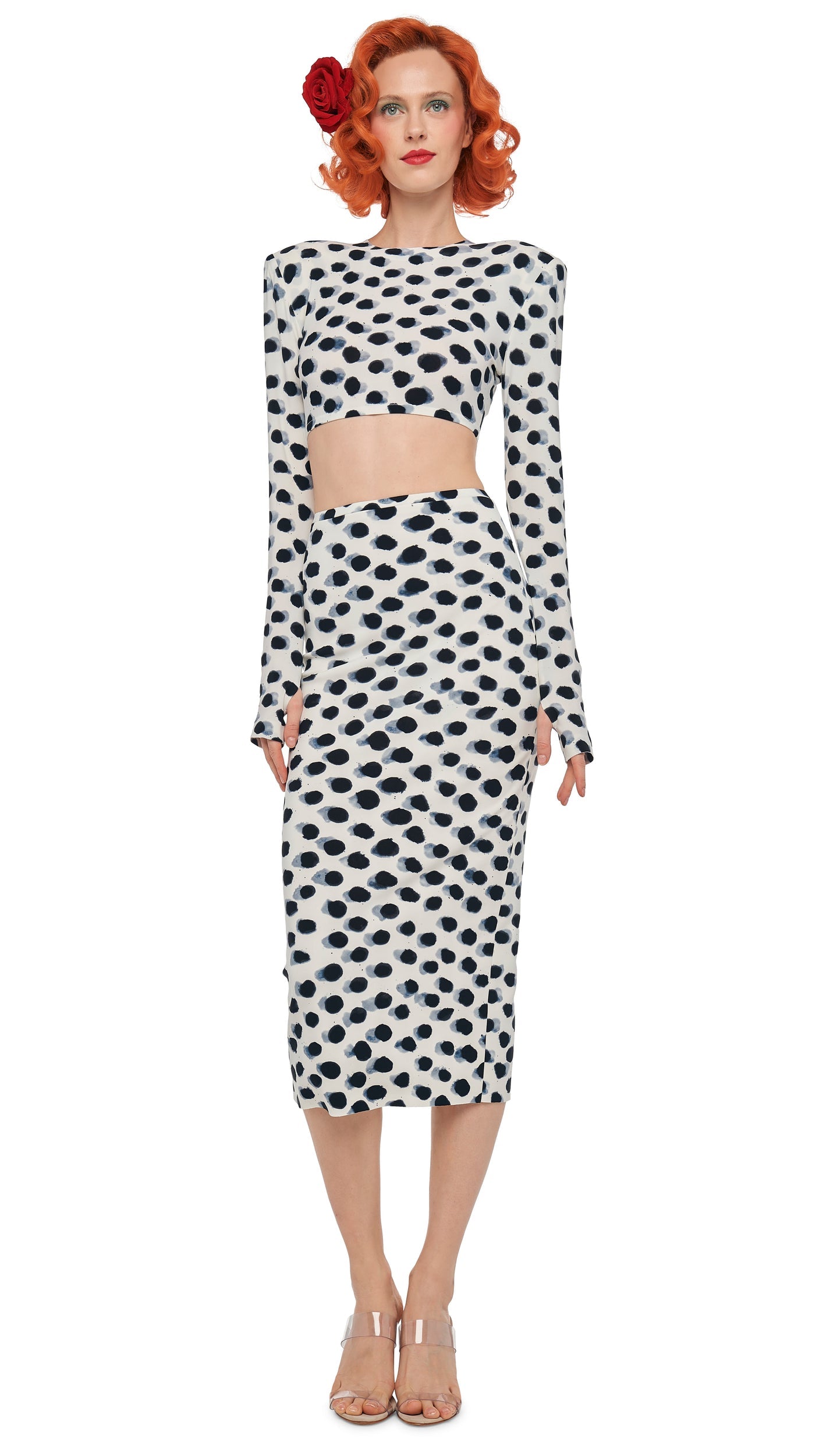 CROPPED SHOULDER PAD LONG SLEEVE CREW TOP Paint Dots | Norma Kamali Women